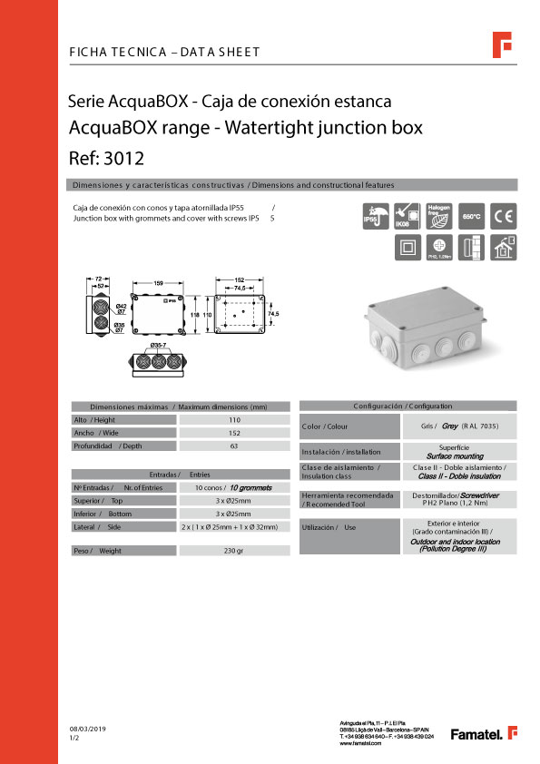 FICHA CAJA ESTANCA 153X110 famatel (3012)